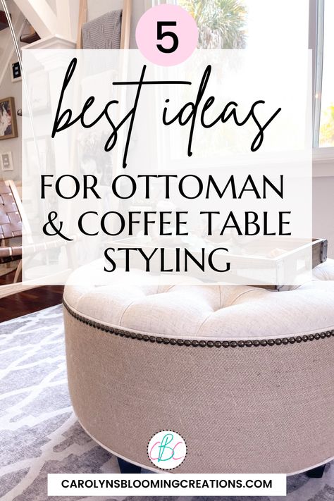 Two Trays On Ottoman, Styling Ottoman Coffee Table Trays Poufs & Ottomans, Tray For Round Ottoman, Round Ottoman Coffee Table Living Rooms, Round Ottoman Styling, Decorating An Ottoman Tray, How To Style Ottoman Coffee Table, Decorate Ottoman Living Rooms, Small Ottoman Decor