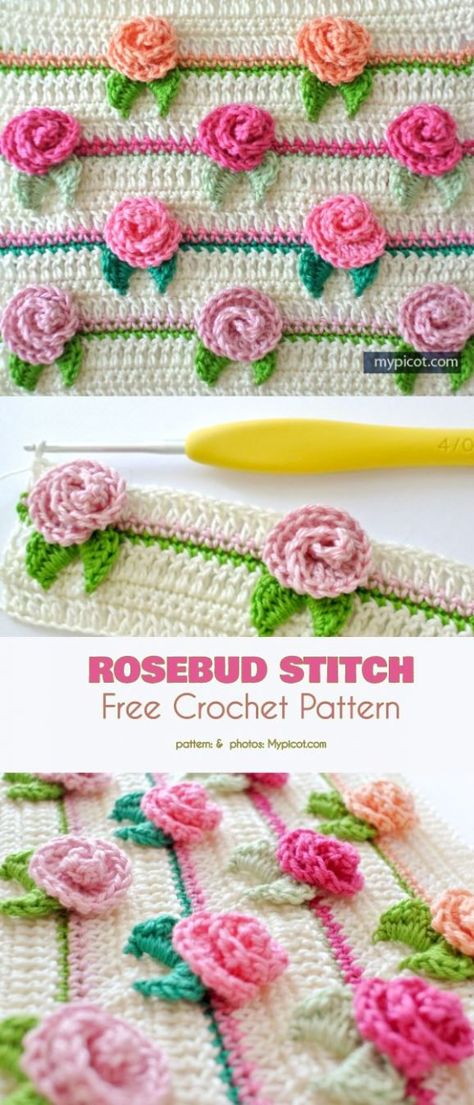 Rosebud Stitch Free Crochet Pattern Flower stitch constitute an integral portion of the project, yet still look like appliques and creates an eye-catching a 3D texture. Rosebud Crochet Pattern, Crochet Rose Scarf, Crochet Rose Applique, Crochet Flower Stitch Pattern, Crochet Flower Stitches, Floral Crochet Stitch, 3d Crochet Stitch, Printable Crochet Patterns Free, Flower Stitch Crochet