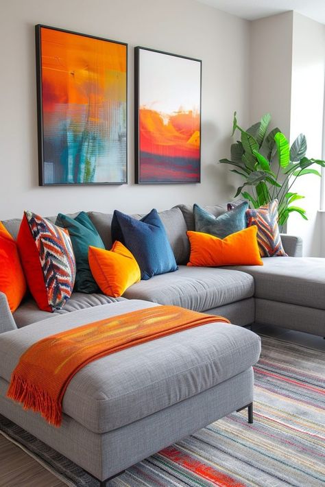 Small Living Room Ideas Apartment Grey Couch, Grey Couch Colorful Living Room, Colorful Living Room Furniture, Grey Sofa Living Room Color Schemes, Grey Living Room Ideas Color Schemes, Airbnb Inspiration, Grey Couch Living Room Ideas, Sofa Colour Combinations, Living Room Furniture Ideas