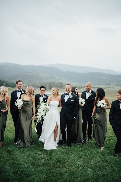 Black Green Bridesmaid Dresses, Black Bridesmaid Dresses Green Groomsmen, Green Dress Bridal Party, Sage And Black Bridal Party, Shades Of Dark Green Bridesmaid Dresses, Bridesmaid Dress Colors Fall, Green Cream And Black Wedding, Green Bridesmaids Black Groomsmen, Olive Green Wedding Florals