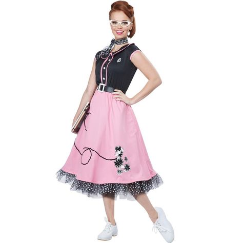 This cute costume is sure to take everyone back to the good ol' days of hanging out in diners and drive-ins and doing the hand jive and the jitterbug. This 50s Sweetheart dress for women features a black top with pink trim and a full pink poodle skirt with a fun polka dot pettiskirt. It even comes with iron-on monograms A-Z so that you can customize your own unique look! Size: x-small. Color: black/pink. Gender: female. Age Group: adult. 50s Dress Up, Fancy Dress Plus Size, Poodle Skirt Costume, Poodle Skirt Outfit, 1950s Fancy Dress, Outfits 50s, Poodle Dress, Rock N Roll Dress, 50s Costume