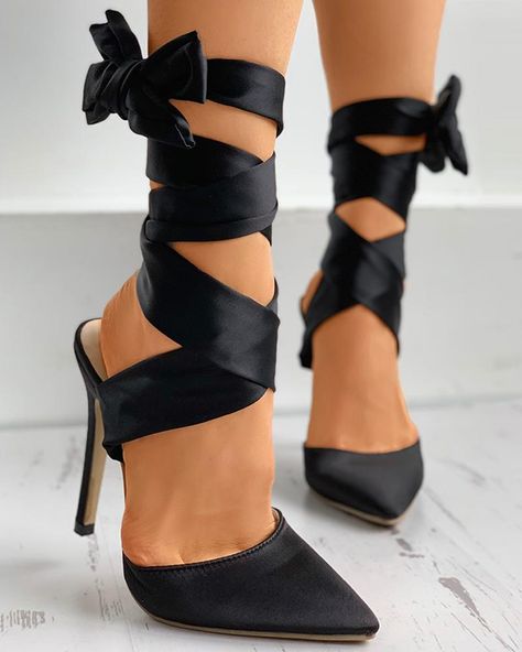 Paris Mode, Heels Online, Stiletto Shoes, Pu Heels, Stiletto Pumps, Trend Fashion, Black Ribbon, Olivia Mark, Types Of Fashion Styles