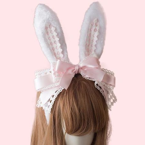 Japanese Elegant Bunny Bow Ears Headband SD00328– SYNDROME - Cute Kawaii Harajuku Street Fashion Store Pink Bunny Ears, Cosplay Cute, Hair Clasp, Bunny Ears Headband, Party Hair Accessories, Harajuku Fashion Street, Bunny Outfit, Kawaii Accessories, Lace Bows