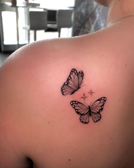 Butterfly On Scar Tattoo, Back Shoulder Butterfly Tattoo For Women, Butterfly Back Shoulder Tattoo, Butterfly Tattoo On Back Shoulder, Butterfly On Shoulder Tattoo, Butterfly Tattoo With Sparkles, Butterfly Sparkle Tattoo, Butterfly With Sparkles Tattoo, Butterfly Tattoo Back Shoulder