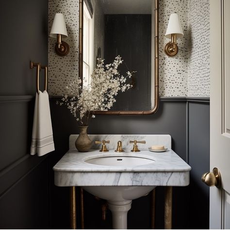 Powder Room Console Sink, Craftsman Style Powder Room, Mcgee And Co Powder Room, Understairs Bathroom Decor, Chair Rail Powder Room, Black Bathroom With Wallpaper, Powder Bath With Wallpaper, Mini Half Bathroom Ideas, Small Panelled Bathroom