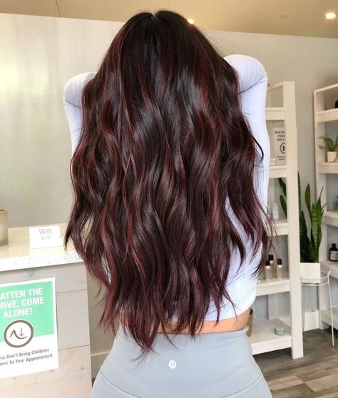 Brunette Balayage Hair With Red, Violet Brown Balayage, Burgundy On Brown Hair, Black Hair With Reddish Brown Highlights, Red Tone Balayage Brunettes, Black With Red Highlights Hair, Red Wine Highlights On Brown Hair, Dark Brown Hair With Hints Of Red, Dark Brown Hair With Reddish Highlights