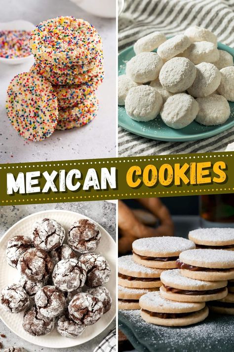 Deserts Recipes Mexican, Cinco De Mayo Baked Goods, New Mexican Desserts, Mexican Sprinkle Cookies Recipe, Mexican Inspired Cookies, Latin American Cookies, Chocolate Mexican Wedding Cookies, Mexican Spice Cookies, Mexican Sweet Breads Conchas