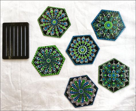 Dot art coasters Dot Art On Coasters, Hexagon Dot Mandala, Dot Art Coasters, Dot Painting Coasters, Dot Painting For Beginners Tutorial, Coaster Painting, Dots Painting, Tanjore Paintings, Art Coasters