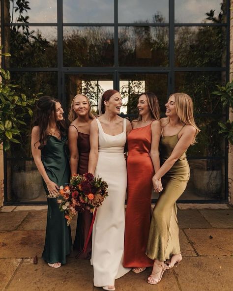 Mismatched tonal silky bridesmaid dresses for this stylish autumnal wedding at Old Gore Barn, a rustic, foodie wedding venue in Gloucestershire. Bridesmaid Dresses For Fall, Bridesmaid Dresses Different Colors, Rustic Bridesmaid Dresses, Mix Match Bridesmaids, Fall Wedding Bridesmaids, Rustic Bridesmaids, Dresses For Fall, Winter Bridesmaids, Neutral Bridesmaid Dresses