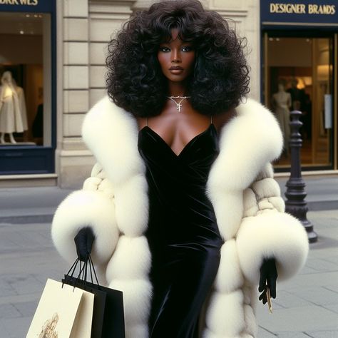 Couture Fashion Black Women, Luxurious Baddie Aesthetic, Old Money Aesthetic On Black Women, 1960 Black Women Fashion, Vintage Hollywood Black Women, Fancy Robes Aesthetic, Fan Blowing Hair Photoshoot, Fur Coat Photoshoot Black Women, Black Woman Femme Fatale Aesthetic