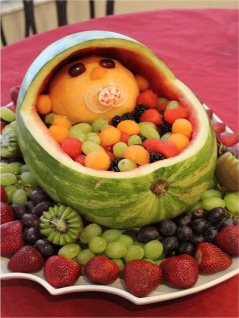 Beautiful Baby Shower Fruit Bowls And Presentation Ideas - Tulamama Watermelon Baby Carriage, Carved Fruit, Baby Shower Watermelon, Baby Shower Fruit, Fruit Baby, Watermelon Baby, Watermelon Carving, Food Shapes