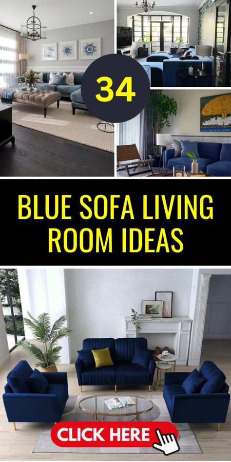 34 Inspiring Blue Sofa Living Room Ideas for a Chic Home - placeideal.com Interior Design Living Room Blue Couch, Living Room With Blue Sectional, Navy Decor Living Room, Royal Blue Couch Living Room Ideas, Living Room With Navy Accents, Dark Blue Sofa Living Room Ideas, Velvet Blue Couch, Navy Blue Sofa Living Room Ideas, Blue Sectional Living Room