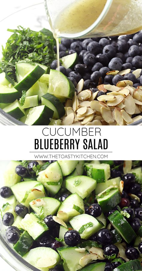 Cucumber Blueberry Salad recipe - by The Toasty Kitchen #salad #summer #spring #blueberry #cucumber #almonds #lemonvinaigrette #cucumbersalad #blueberrysalad #cucumberblueberrysalad #sidedish #picnicsidedish #freshsalad #fresh #lightsalad #recipe Healthy Luncheon Ideas, Blueberry Recipes Salad, Pot Luck Sides Easy, Salads With Fresh Mozzarella, Blueberry Recipes With Fresh Blueberries, Salads With Blueberries, Recipes Using Fresh Mint, Fruit And Veggie Diet Recipes, Healthy Cold Salads