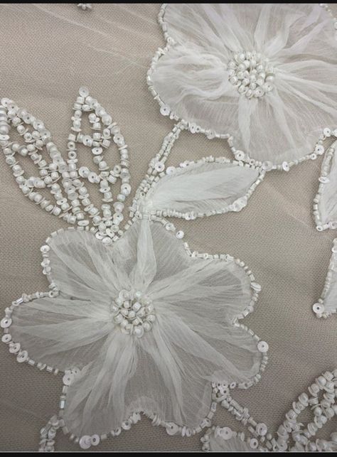 Tulle Embroidery Pattern, Floral Bead Embroidery, Couture Embellishment, Tambour Beading, Simple Hand Embroidery Patterns, Floral Embellishment, Ribbon Embroidery Tutorial, Hand Beaded Embroidery, Tambour Embroidery