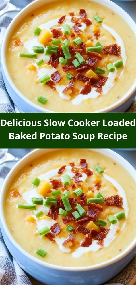 Want a flavorful and filling dish? Try our Slow Cooker Loaded Baked Potato Soup, where creamy potatoes meet savory toppings. It’s an easy dinner idea that brings everyone together for a satisfying meal at the end of the day. Crock Pot Loaded Baked Potato Soup Easy Family Recipes, Crock Pot Loaded Baked Potato Soup Easy, Crockpot Loaded Baked Potato Soup Recipes, Loaded Baked Potato Soup Frozen Potatoes, Loaded Baked Potato Soup In Crockpot, Loaded Potato Soup Crockpot Easy, Loaded Baked Potato Soup Crockpot Frozen Hashbrowns, Slow Cooker Potato Soup Frozen Potatoes, Loaded Baked Potato Soup Crockpot With Cream Cheese