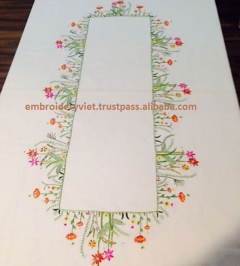 Hand embroidery table cloth Hand Embroidery Table Runner, Cloth Pattern Design, Table Cloth Pattern, Embroider Ideas, Fancy Table, Table Clothes, Cloth Pattern, Embroidered Table Runner, Beautiful Cross Stitch Pattern