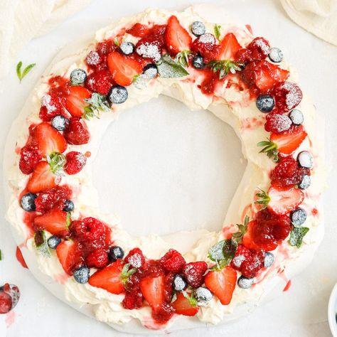 Mary Berry Pavlova (Christmas Wreath) - My Morning Mocha Mary Berry Christmas Pavlova Wreath, Mary Berry Pavlova Wreath, Mary Berry Pavlova Recipe, Christmas Meringue Wreath Pavlova, Pavlova Wreath Recipe, Pavlova Mary Berry, Pavlova Wreath Christmas, Mary Berry Meringue, Mary Berry Pavlova