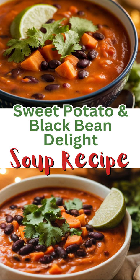 Looking for an easy fall soup? This vegan sweet potato and black bean soup is healthy, hearty, and full of flavor. Perfect for chilly autumn nights. Black Bean Squash Soup, Sweet Potato And Black Bean Stew, Sweet Potato And Black Bean Soup, Black Bean And Sweet Potato Soup, Black Bean Sweet Potato Soup, Soup Recipes Sweet Potato, Vegan Fall Soup, Fall Soups And Stews, Vegan Black Bean Soup