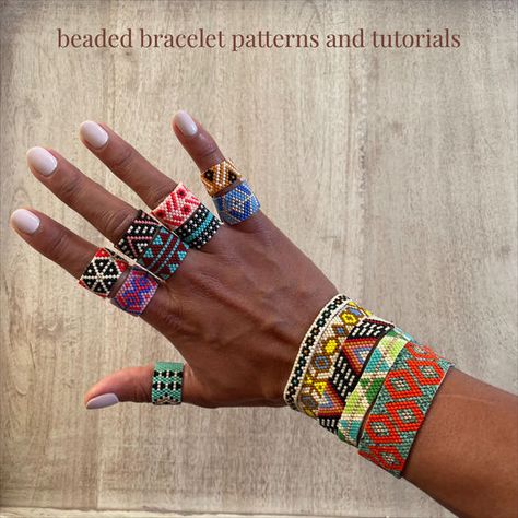 Beaded Bracelet & Rings Tutorial and Patterns #BeadingPatterns #SeedBeadPattern #SeedBeadPatternsFree #SeedBeadPatternsTutorials Beading Templates, Stitch Rings, Rings Tutorial, Seed Bead Patterns Free, Rings And Bracelets, Blank Templates, Beadwork Bracelet, Bracelets And Rings, Seed Bead Pattern