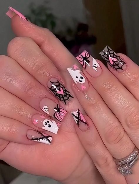 #aesthetic #pink #nails #halloween #nailart #nailsofinstagram #naildesign #nailinstagram #nailidea Halloween Nail Designs Medium Length, Medium Length Halloween Nails, French Tip Halloween Nails, Spider Gel Nail Art, Spider Nail Art, Heart Spider Web, Heart Spider, Spider Gel, Mani Ideas