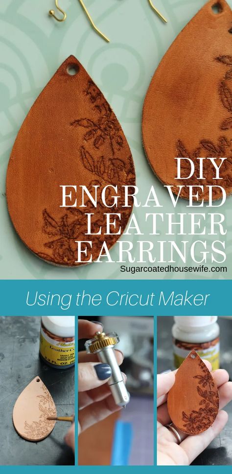 DIY LEATHER EARRINGS USING THE CRICUT MAKERS TOOLS - Sugarcoated Housewife How To Make Leather, Diy Leather Earrings, Using Cricut, Idee Cricut, Leather Jewelry Diy, Maker Project, Cricut Projects Beginner, Cricut Craft Room, Diy Cricut