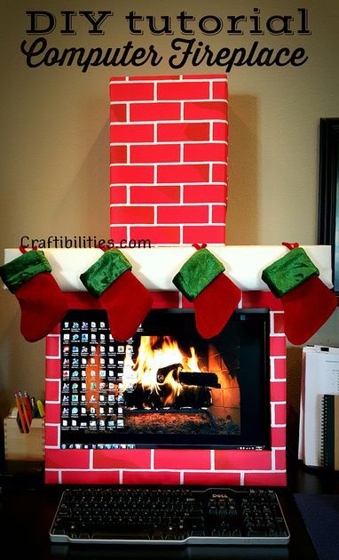 Craftibilities: Holiday Office IDEA - FIREPLACE computer - cubicle - fun DIY Christmas decorations Decorate Work Desk For Christmas, Desk Decorations Ideas, Christmas Desk Decorations Work Spaces, Desk Christmas Decorations Work, Christmas Cube Decorations, Christmas Desk Decorations, Christmas Cubicle, Computer Decor, Cubicle Decorations