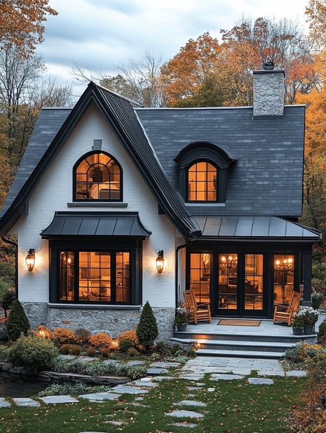 White French Cottage Exterior, Tudor Style Homes Exterior Update, French Farmhouse Architecture, Quaint Houses Exterior, Exterior House Colors Cottage Style, Modern Country French Decor, Blue Window Trim Exterior, Cottage Home Outside, White House With Brown Trim Exterior