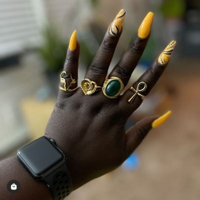 Dark Yellow Nails Design, Mustard Nails Acrylic, Yellow Almond Acrylic Nails, Yellow Stilleto Nails, Black And Yellow Nails Design, Mustard Color Nails, Golden Yellow Nails, Yellow And Black Nails Design, Yellow Nails With Design