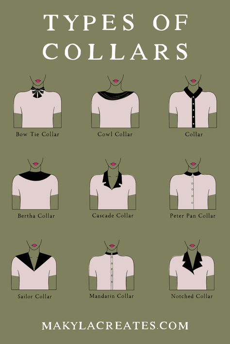 23 Types of Collars with Illustrations - Makyla Creates Different Styles Of Collars, Tie Collar, Stand Collar Shirt Woman, Jacket Collar Types, Dress Collar Types, Different Types Of Shirt Collars, Collar Types Women, Shirt Neckline Types, Collar Variations