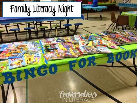 Bingo For Books- literacy night, back to school and open house activity School Wide Literacy Events, School Wide Reading Activities, Book Fair Family Night Ideas, Family Night Ideas For School, Family Events At School, School Bingo Night Ideas, Wild About Reading Theme, Parent Engagement Ideas Schools, Bingo For Books