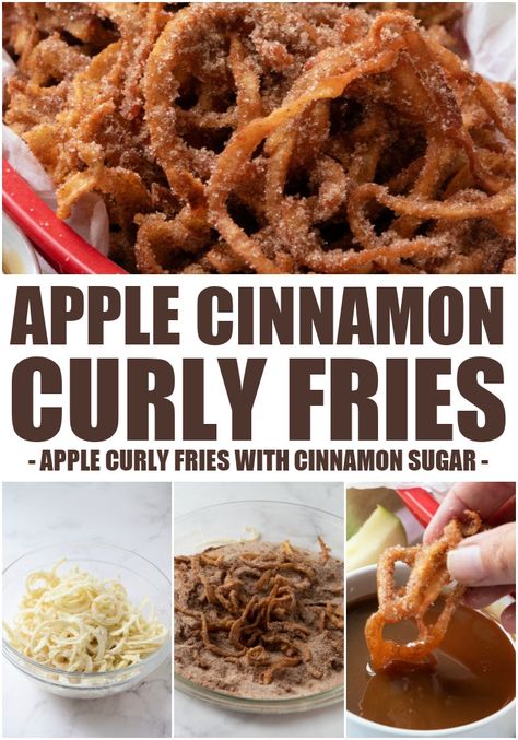 Dehydrated Cinnamon Apple Chips, Apple Cinnamon Curly Fries, Crispy Apple Cinnamon Curly Fries, Spiralized Apple Recipes, Apple Fries Air Fryer, Fair Food Ideas, Apple Fries Recipe, Apple Fries, Apple Snacks