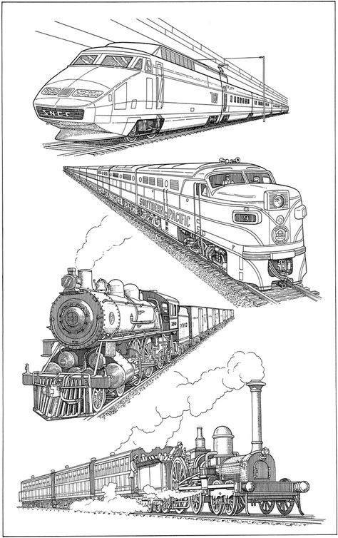 Welcome to Dover Publications Train In Perspective Drawing, Train Reference Drawing, Train Perspective Drawing, Train Drawing Sketches, Tram Drawing, Train Perspective, Anime Train, Train Drawings, Drawing Training