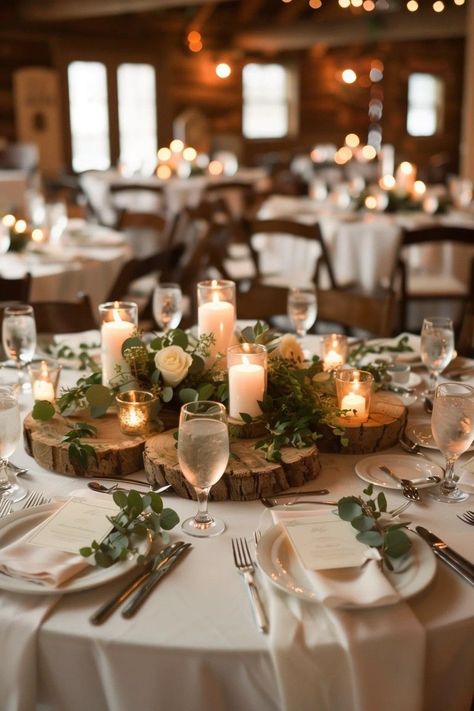 Rustic Table Arrangements, Wedding Table Decorations Without Flower, Rustic Elegant Table Setting, Rustic Table Centrepiece, Classy Rustic Wedding Decor, Twilight Wedding Ideas, No Flower Wedding Centerpieces, Rustic Modern Wedding Decor, Farmhouse Table Wedding Decor