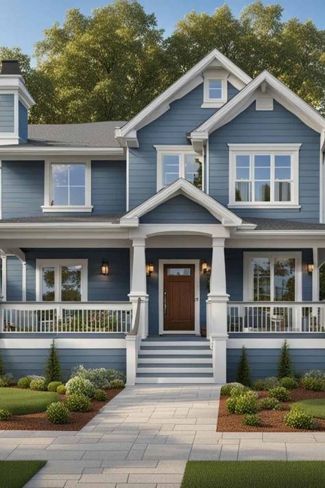 Blue House White Porch, Rainwashed Exterior House Paint, Blue House With Porch, Outdoor House Paint Colors Modern, Blue Lake House Exterior, Best Blue Exterior Paint Colors, Country House Exterior Colors, Worldly Gray Exterior, Blue Roof House Colors Exterior Paint