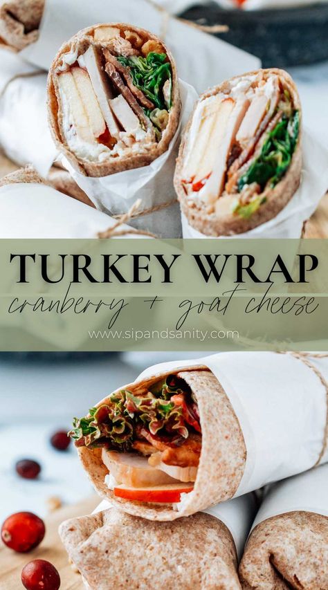 This Turkey Wrap with Cranberry and Goat Cheese is a delicious way to fuel your midday. Turn that cranberry sauce into a dressing for your favorite greens, then load that into a wrap with sliced turkey, bacon, apples and goat cheese. Now you’ve got a flavor-packed, on-the-go lunch or snack to sustain you through dinner. Cranberry Goat Cheese, Turkey Wrap Recipes, Turkey Wrap, Turkey Pumpkin Chili, Cranberry Turkey, Turkey Wraps, Thanksgiving Turkey Leftovers, Deli Turkey, Cheese Wrap