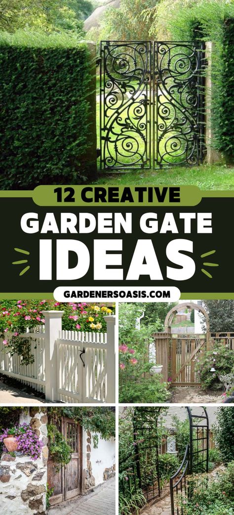 12 Creative Garden Gate Ideas Iron Garden Gates Ideas, Garden Entrance Design, Garden Gate Ideas, Old Garden Tools, Wrought Iron Garden Gates, Front Yard Landscape, Budget Landscaping, Metal Garden Gates, Iron Garden Gates