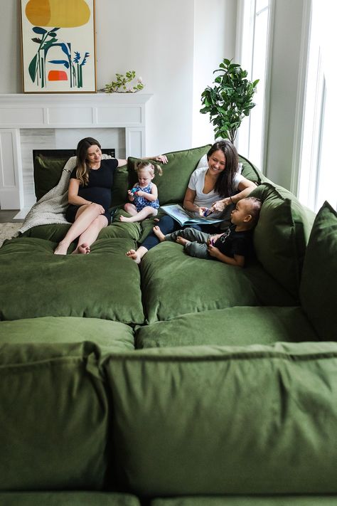 Albany Park Home Pet Friendly Couch, Pit Couch, Green Sectional, Teen Hangout, Albany Park, Deep Sofa, Green Couch, Cozy Couch, Living Room Goals