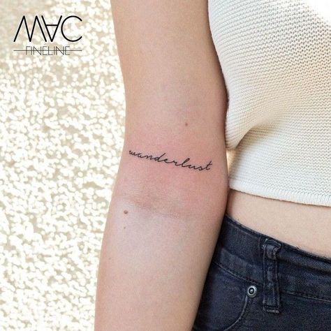 wanderlust                                                       … Word Tattoos On Arm, Wanderlust Tattoos, Above Elbow Tattoo, Inner Elbow Tattoos, Wörter Tattoos, Wanderlust Tattoo, Lettering Letters, Elbow Tattoos, Writing Tattoos