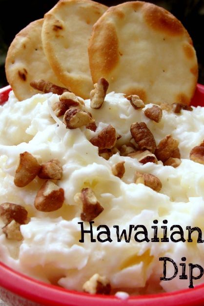 Hawaiian dip: Cream cheese, coconut & pineapple.  Try with vanilla wafers 8 oz. cream cheese softened 2 1/2 cups sweetened coconut (I prefer flaked over shredded) 20 oz. can pineapple (chunks or crushed) nuts or cherries to top dip with    Blend all ingredients together in food processor to crush up pineapple and coconut pieces. Refrigerate at least 30 minutes before serving. Hawaiian Dip, Coconut Dip, Balsamic Glazed Pork Tenderloin, Pita Crackers, Glazed Pork Tenderloin, Glazed Pork, The Descendants, Pork Glaze, Crockpot Recipe