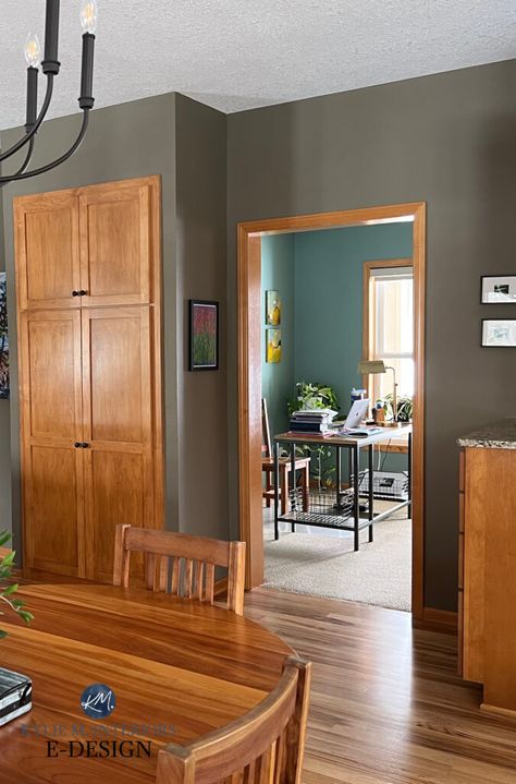 The 12 Best Paint COLORS to Update or Accent Oak or Wood (PART 5)! Paint Colors With Wood Paneling, Kitchen Paint Color With Oak Cabinets, Modern Paint Colors With Oak Trim, Paint Colors To Match Wood Trim, Paint Colors With Orange Wood Trim, Paint Colors With Yellow Pine Trim, Oak Trim Home Decor, Wood Trim Wall Color, Kitchen Paint Colors Wood Cabinets