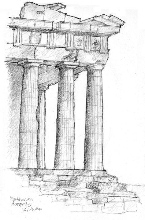 Greece Parthenon, Greece Drawing, Greek Drawing, Temple Drawing, Architecture Drawing Sketchbooks, The Parthenon, Istoria Artei, Building Sketch, Greek Temple