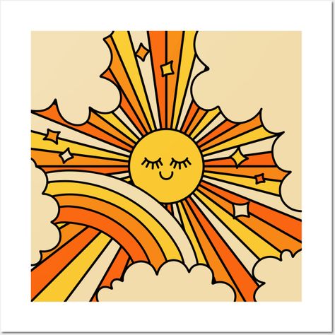 Kawaii, Hippy Art, 70s Orange, Yellow Art Print, Groovy 70s, Happy Sun, Retro Groovy, Yellow Art, 70s Retro