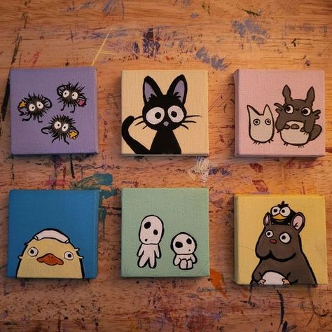 Studio Ghibli Animals, Ghibli Animals, Cute Animal Paintings, Studio Ghibli Cute, Ghibli Cute, Mini Tela, Studio Ghibli Inspired, Studio Ghibli Films, Mini Canvases