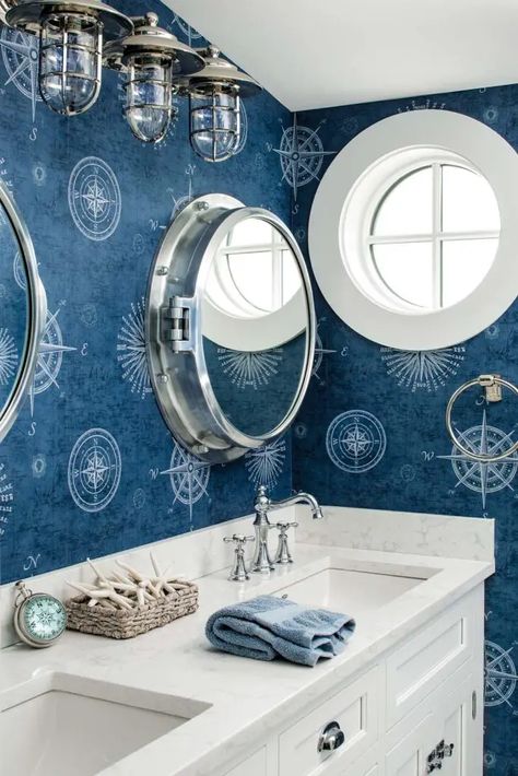 Explore 33 Nautical Bathroom Ideas for Maritime-Inspired Elegance - placeideal.com Nautical Bathroom Lights, Ship Bathroom Nautical Theme, Americana Bathroom Decor, Nautical Wallpaper Bathroom, Nautical Bathroom Wallpaper, Nautical Powder Room, Nautical Design Interior, Yacht Bathroom, Nautical Bathroom Ideas