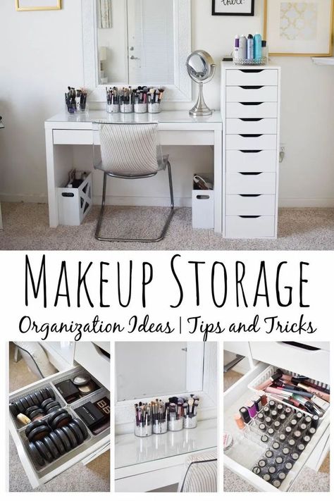 Bathroom Organization For Makeup, Make Up Cabinet Ideas, Dressing Room Vanity Ideas, Make Up Vanity In Bedroom Modern, Beauty Vanity In Bedroom, Small Makeup Area, Organization Ideas Makeup, Makeup Vanity Ideas Bedrooms, Storage And Organization Ideas