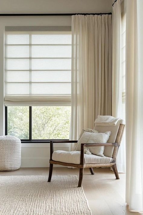 Select the best window treatments to enhance natural light in your home. From light-filtering shades to sheer curtains, explore your options. 🛒🌱 #WindowTreatments #NaturalLight #HomeDesign Window Sheers Ideas, Roman Shade With Curtains, Windows With Blinds And Curtains, Curtain And Shades Together, Curtain Inspo Bedroom, Window Curtains With Blinds, Window Shades Ideas Living Room, Curtain Ideas For Large Windows, Puddled Curtains