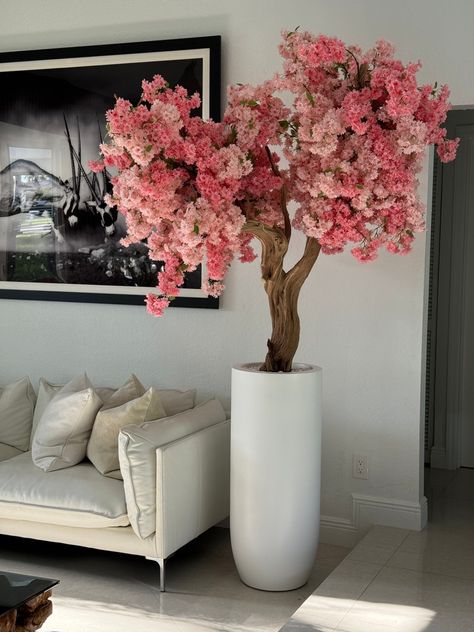 Matt White St. Tropez Planter with Custom Made Pink Cherry Blossom Tree - CFA Design Group Cherry Blossom Salon Decor, Cherry Blossom Decorations, Pink Cherry Blossom Tree, California Mountain, Home Flower Arrangements, Wooden Garden Bed, Dried Flowers Diy, Green Orchid, Wood Trunk