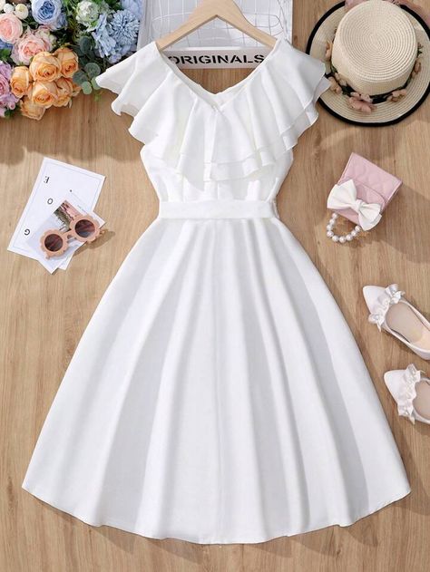 Free Returns ✓ Free Shipping✓. SHEIN Teen Girl Ruffle Layer Trim Belted Dress- undefined at SHEIN. Dress For Girls 10-12, Outfits For Kids 10-12, Dresses For Girls 10-12, Teen Girl Dress, White Dresses For Teens, 2024 Clothes, Girls Party Wear