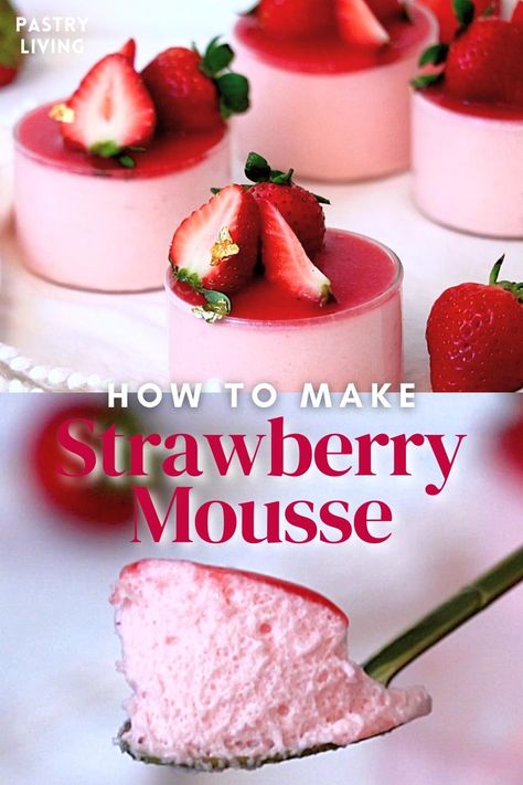 Strawberry mousse in glass cups and on a spoon