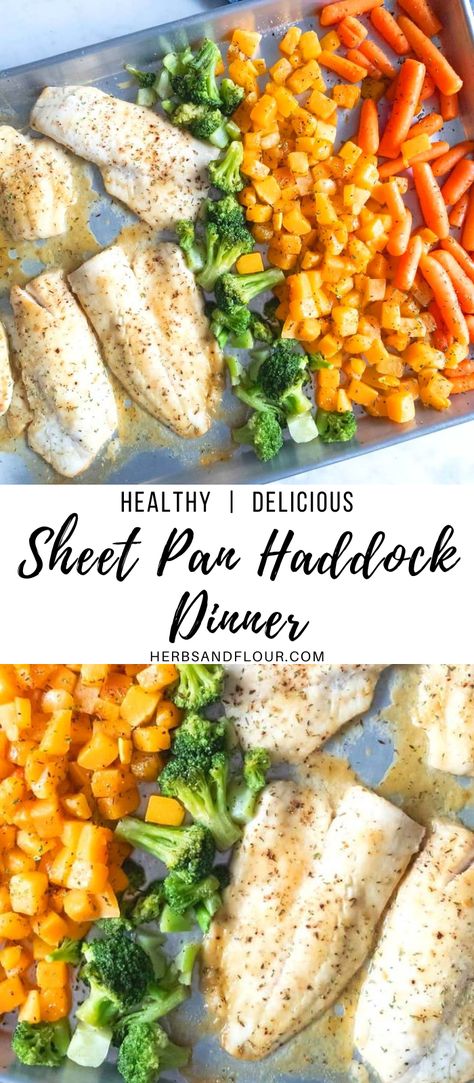 Fish And Roasted Vegetables, Haddock Dinner Ideas, Baked Fish And Vegetables, Haddock Healthy Recipes, Haddock Fish Recipes Healthy, Sheet Pan Meals Fish, Healthy Haddock Recipes Clean Eating, Haddock Dinner Recipes, Seafood Sheet Pan Dinners